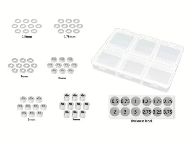 MR33 Aluminum 3mm Shim Set 0.5,0.75,1,2,3,5mm Each 10 (60) - Silver