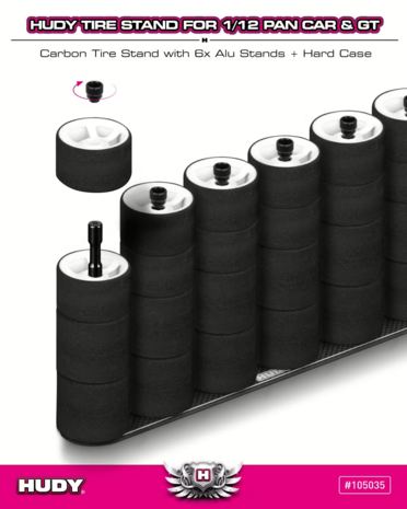 Hudy Carbon Tire Stand 6x + Hard Case - 1/12 Pan Car & 1/12 Gt - 105035